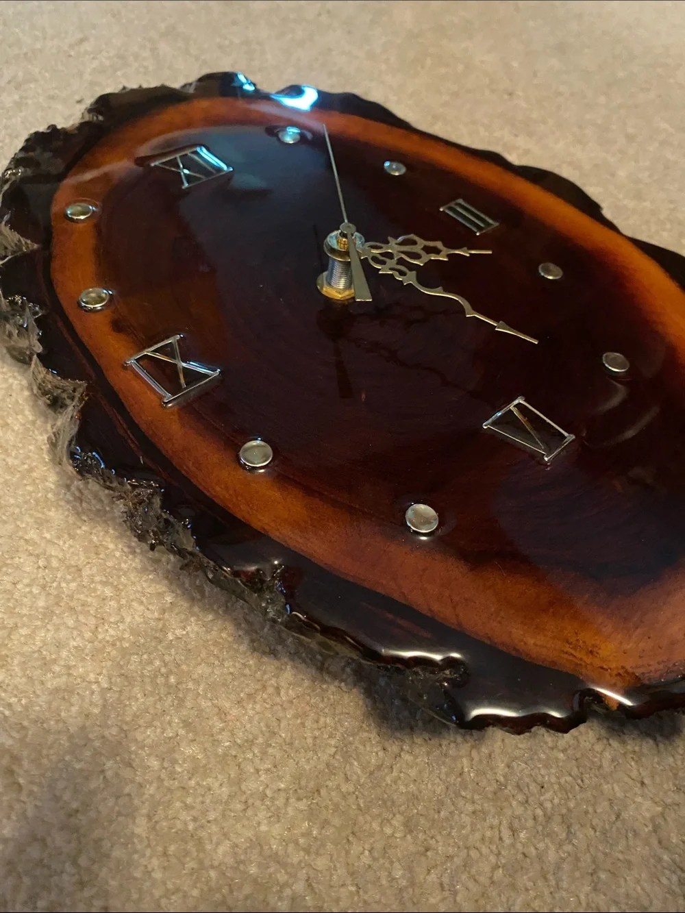 Handmade Lacquered Burl Wood Wall clock Woods forest cabin decor 13” Working